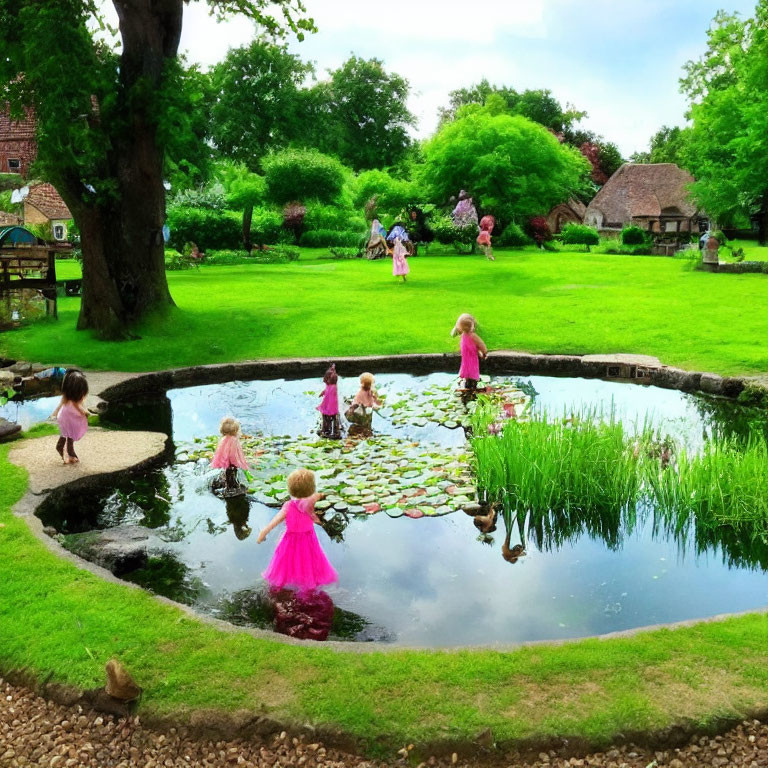 Lively garden scene with children playing near pond