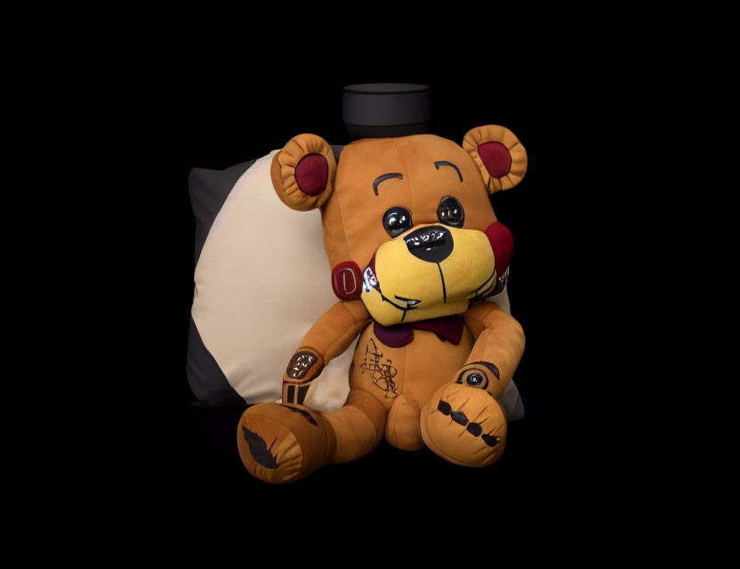 Plush Toy Bear with Top Hat and Bow Tie on White Pillow