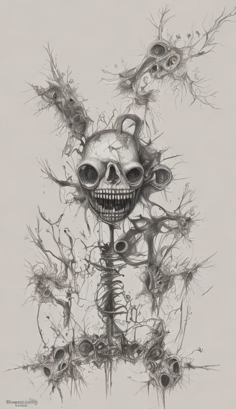 Monochromatic surrealistic skull surrounded by twisted tree-like forms
