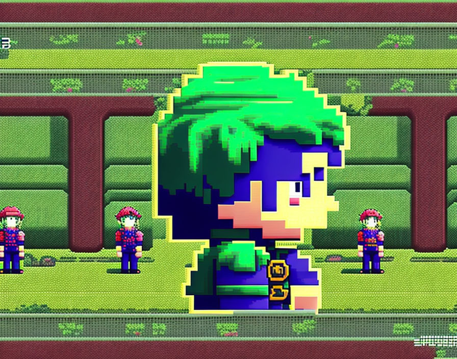 Pixelated image of large character with green hair and three smaller figures in retro video game environment