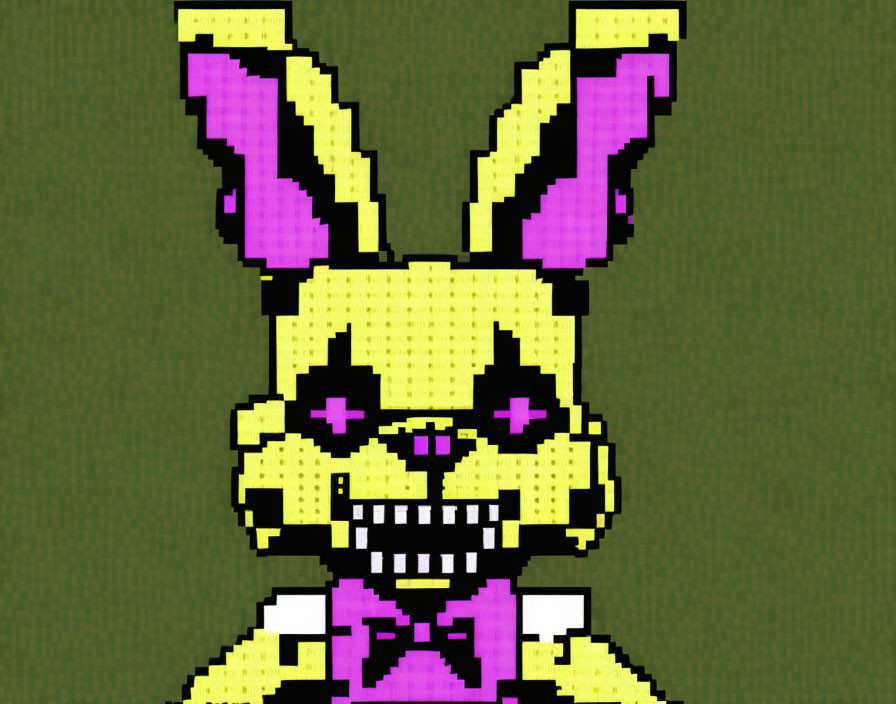 Detailed Pixelated Image of Menacing Yellow Bunny with Purple Ears and Bow Tie