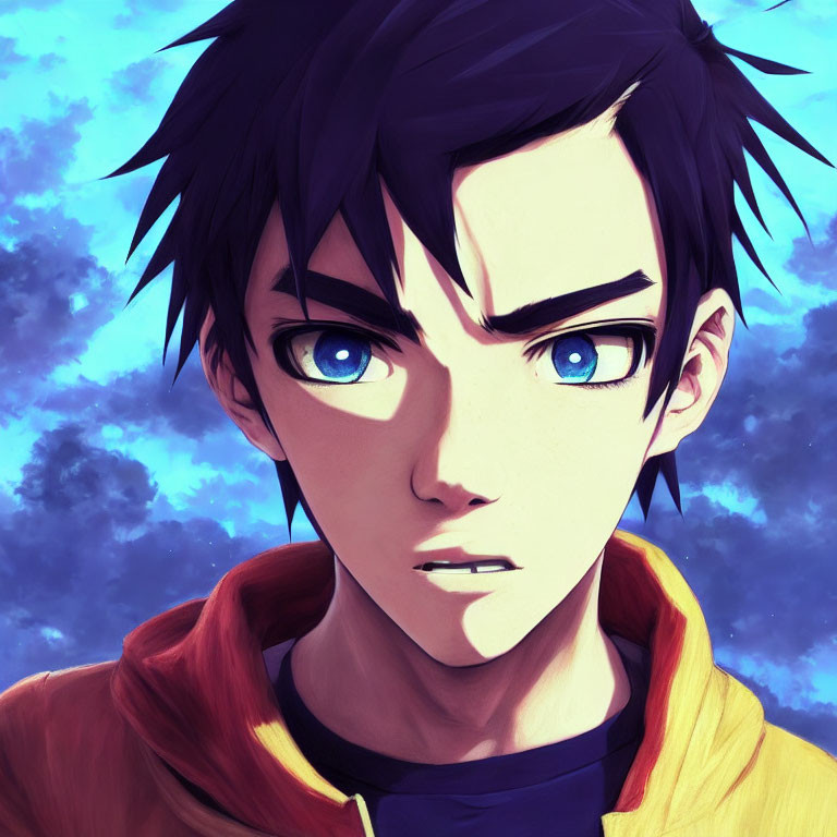 Animated character with spiky black hair and blue eyes in red and yellow jacket against blue sky.