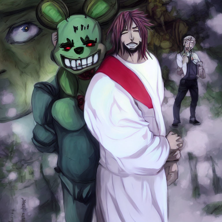 Illustration of smiling man, green bunny, and surprised person against eerie backdrop with eye