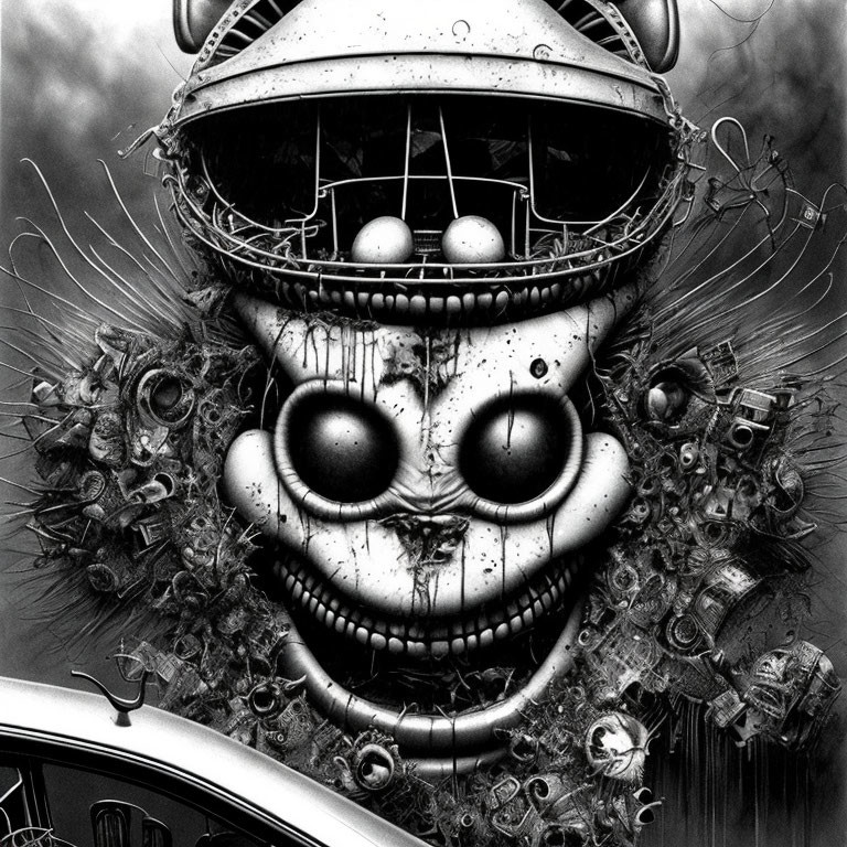 Detailed Monochrome Illustration of Menacing Clown-Like Face with Mechanical Elements