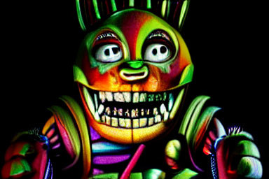 Vibrant animatronic character with wide grin and big eyes on black background