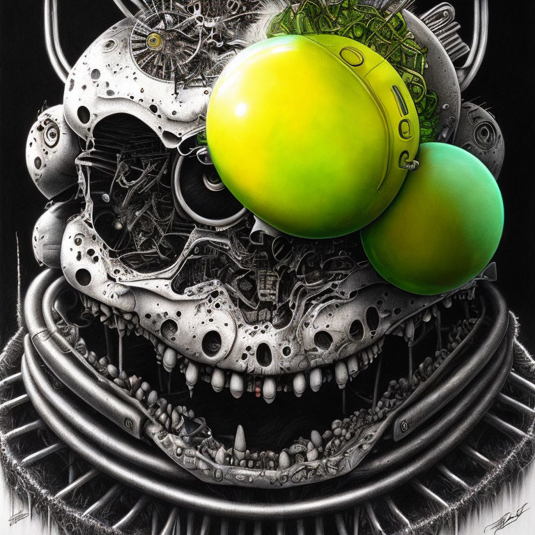 Surreal illustration of wire nest with green eggs and skulls