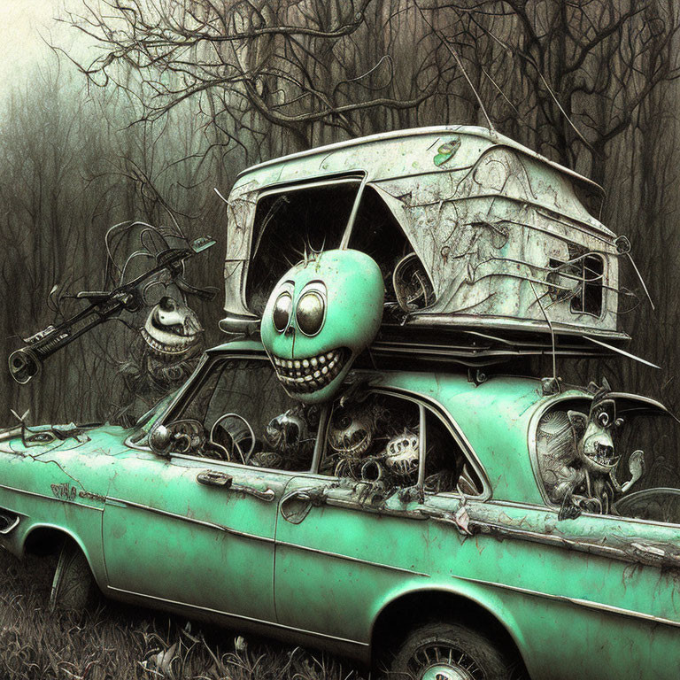 Anthropomorphic green car in eerie forest scenery with broken down appearance
