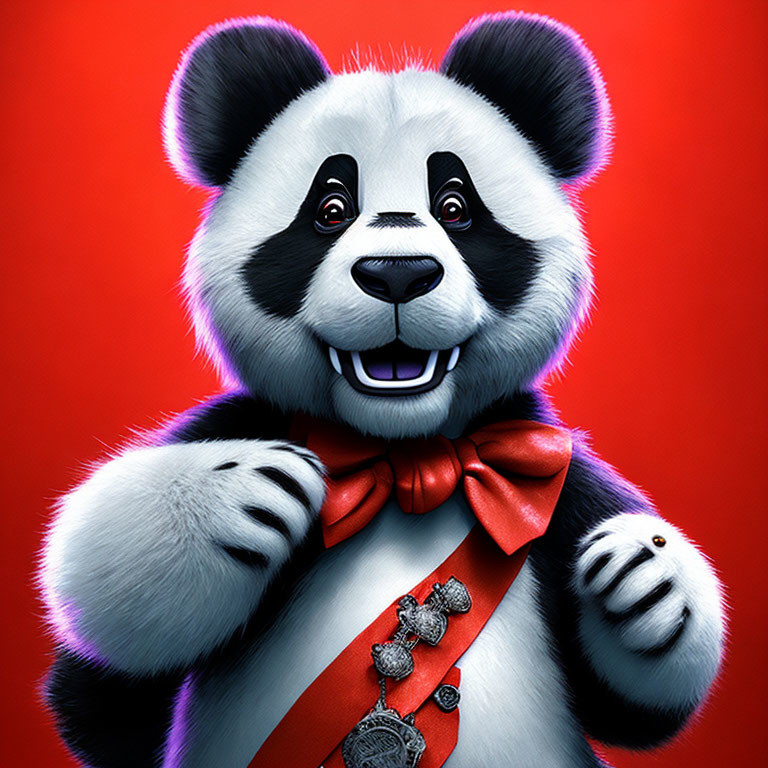 Cheerful panda character with red bow tie and medal on vibrant red background