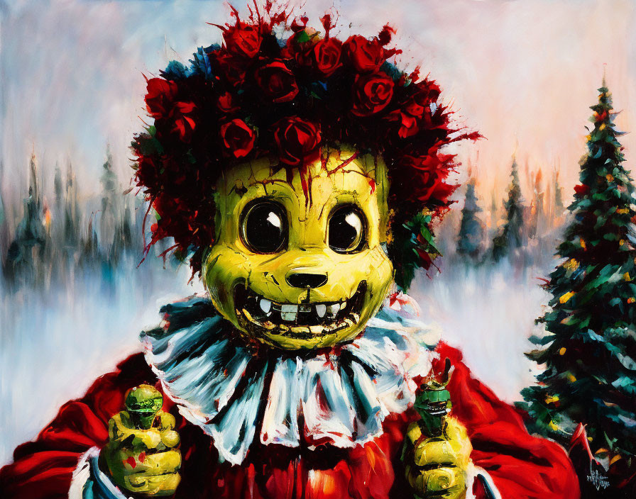 Colorful Painting of Smiling Clown with Flower Wig in Forest Setting