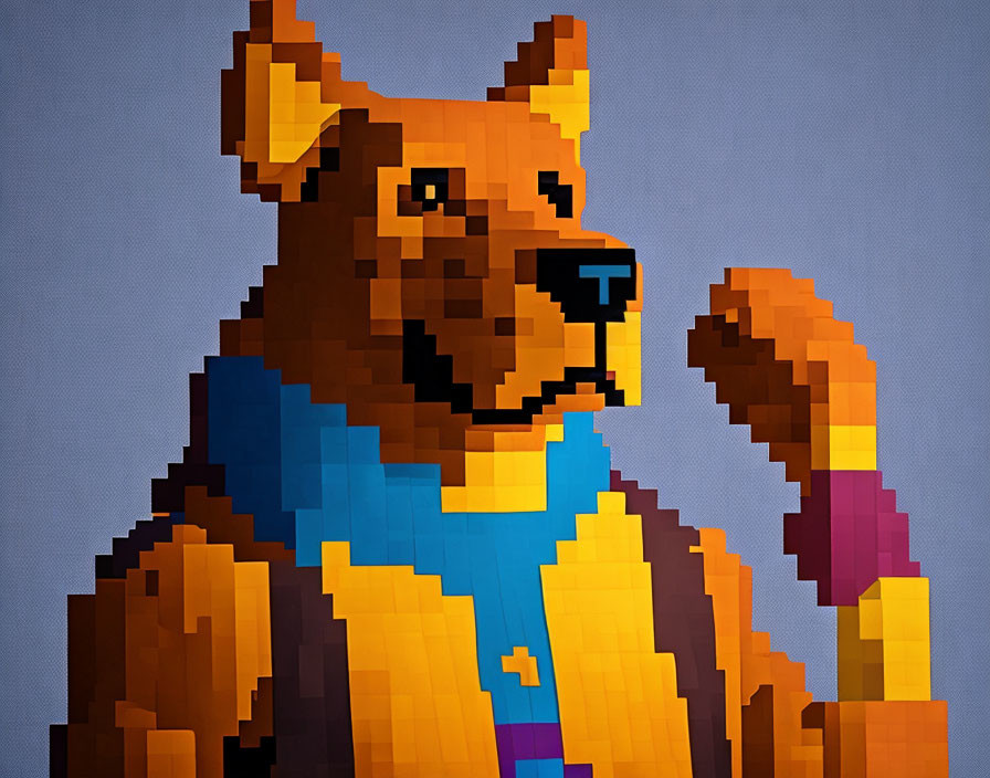 Pixelated Dog Artwork: Scarf-Wearing Dog Raising Paw