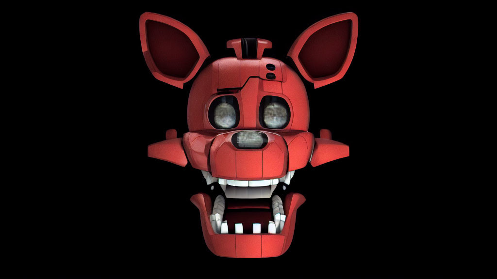 Red Animatronic Fox with Large Ears and Glowing Eyes on Black Background