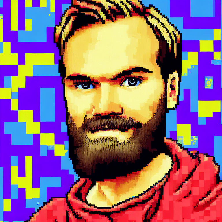 Pixelated man portrait with beard and hoodie on abstract blue and yellow background