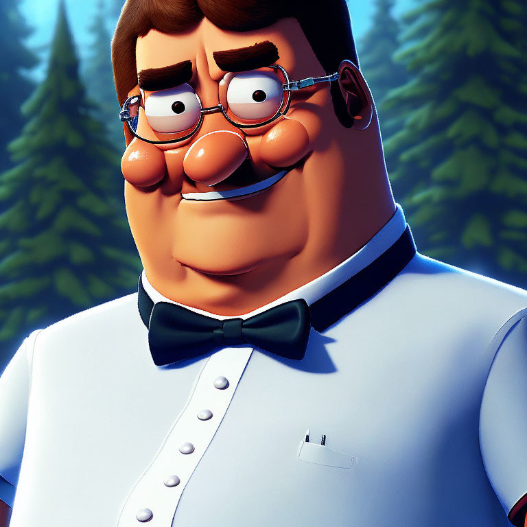 Animated character with glasses and mustache in white tuxedo and bow tie, pine trees background