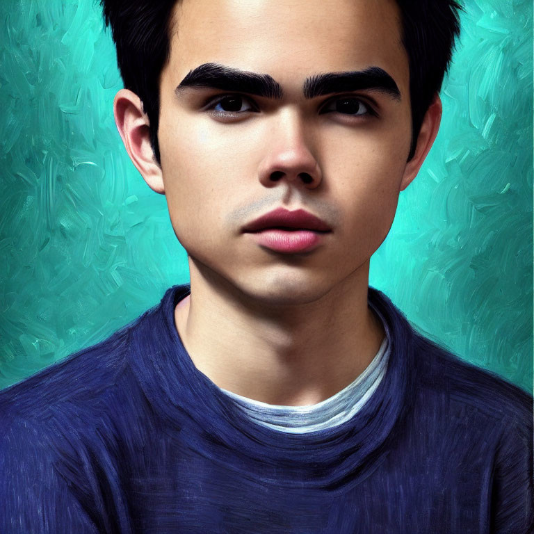 Portrait of young man with dark hair and serious expression against teal background