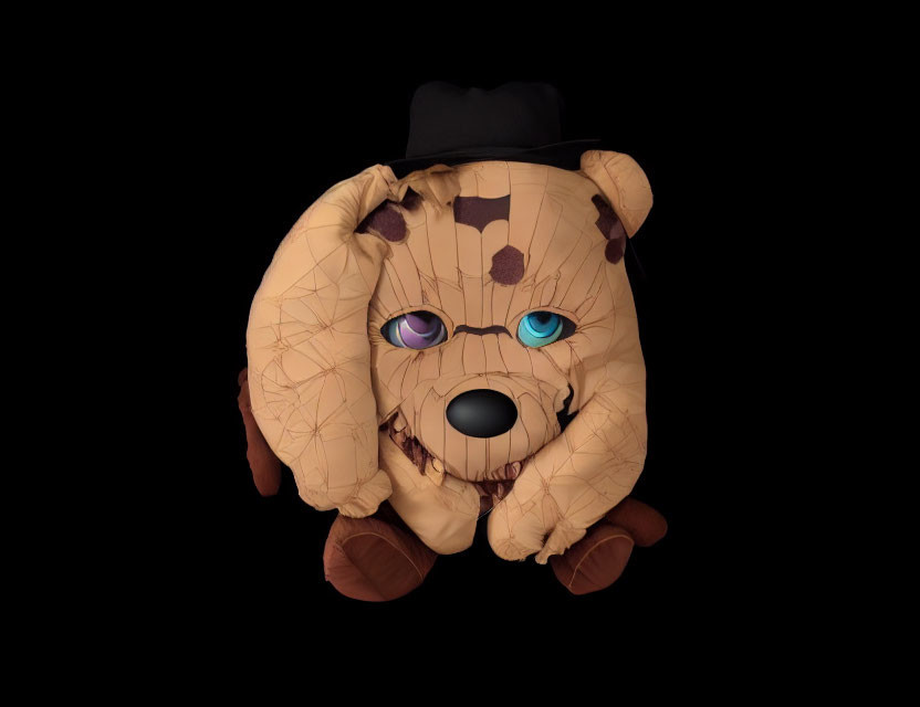 Cartoonish Teddy Bear with Patched-Up Look and Unique Eyes on Dark Background