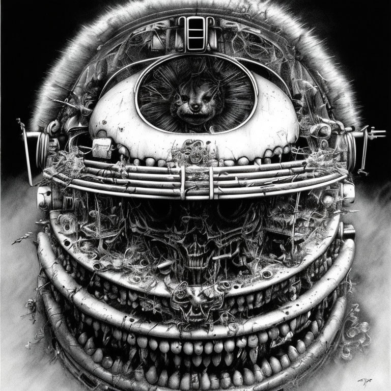 Detailed black and white drawing of surreal mechanical face with cat peeking through central opening surrounded by gears and