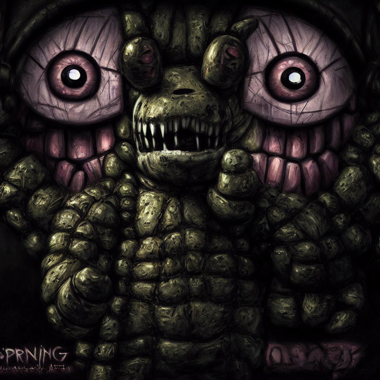 Menacing animatronic creature with purple eyes and toothy grin