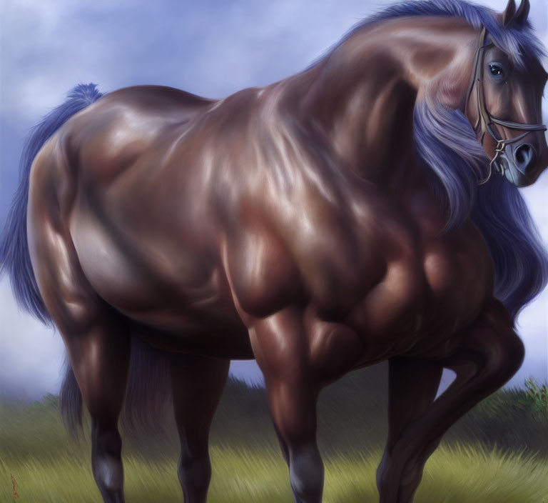 Chestnut horse with blue mane displaying muscular physique