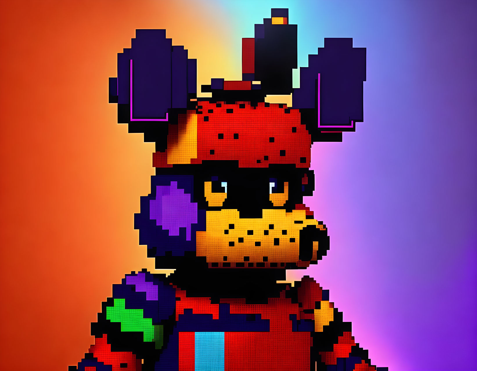 Colorful Pixelated Animatronic Bear Artwork with Microphone