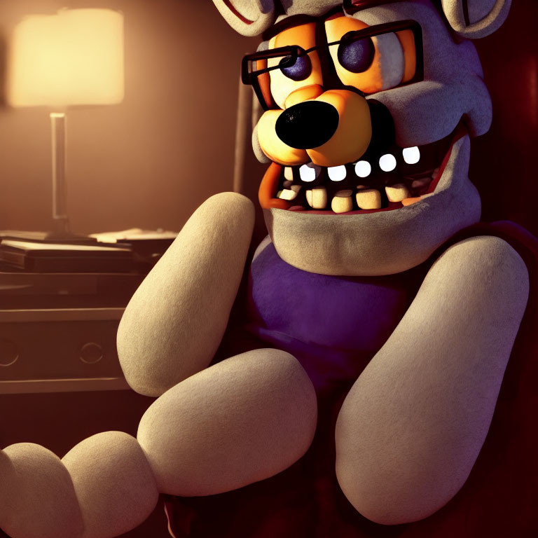 Brown bear with glasses smiling in lamp-lit room