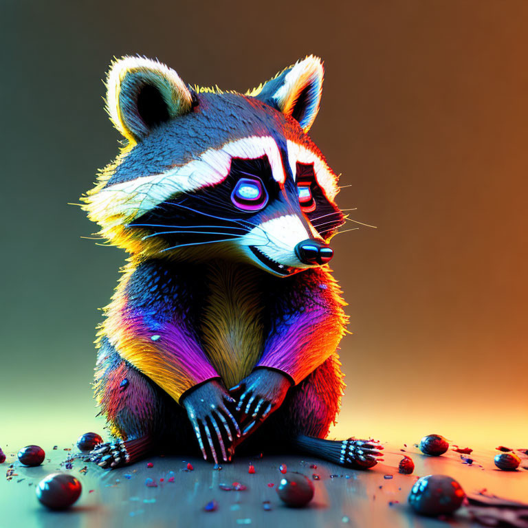 Neon fur raccoon surrounded by berries on gradient backdrop