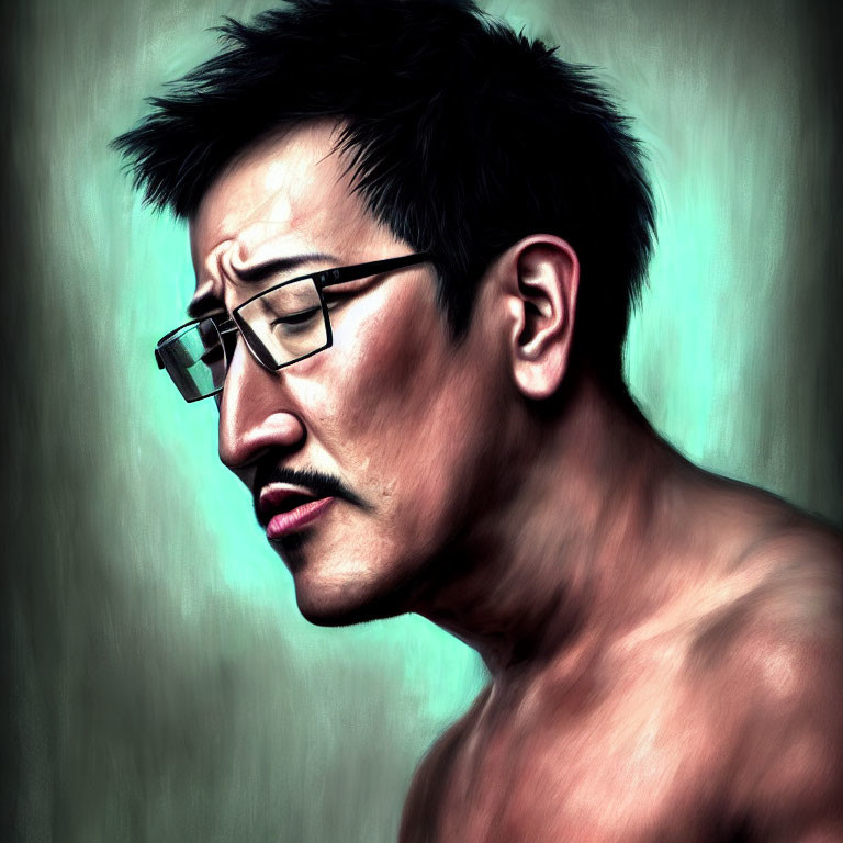 Bare-Chested Man with Glasses in Moody Green Background