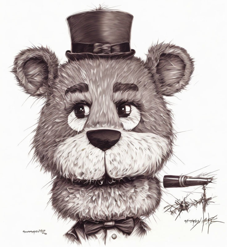 Detailed black and white illustration of a whimsical teddy bear with top hat, bow tie, and