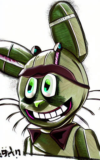 Stylized anthropomorphic rabbit with green eyes and bowtie smiling widely