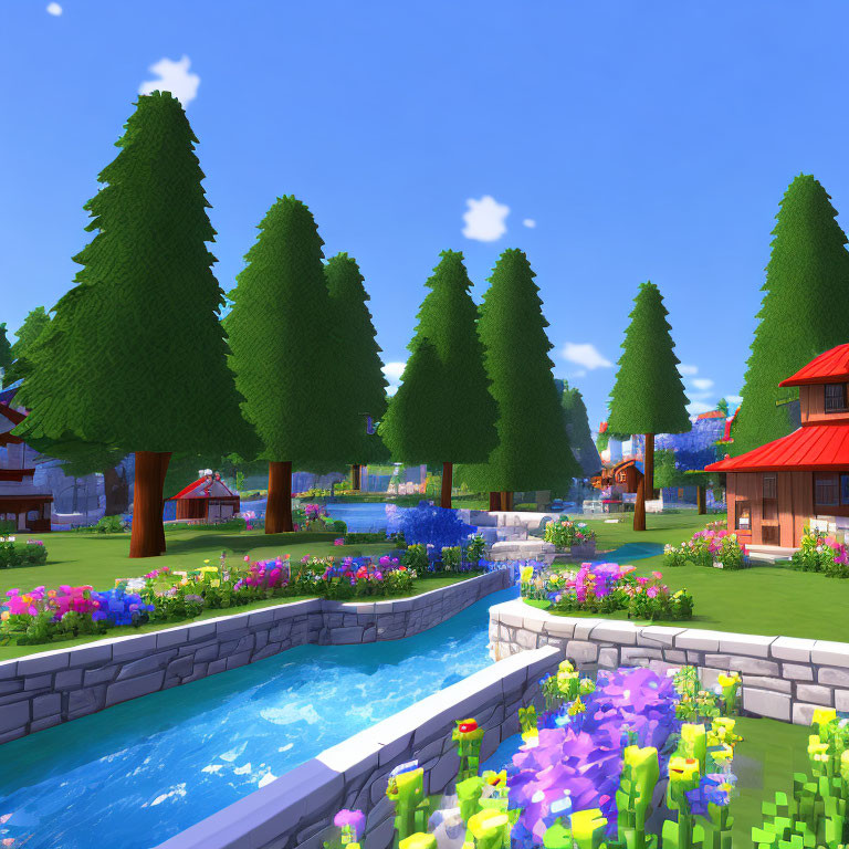 Lush garden with flowers, blue stream, pine trees, and red-roofed houses