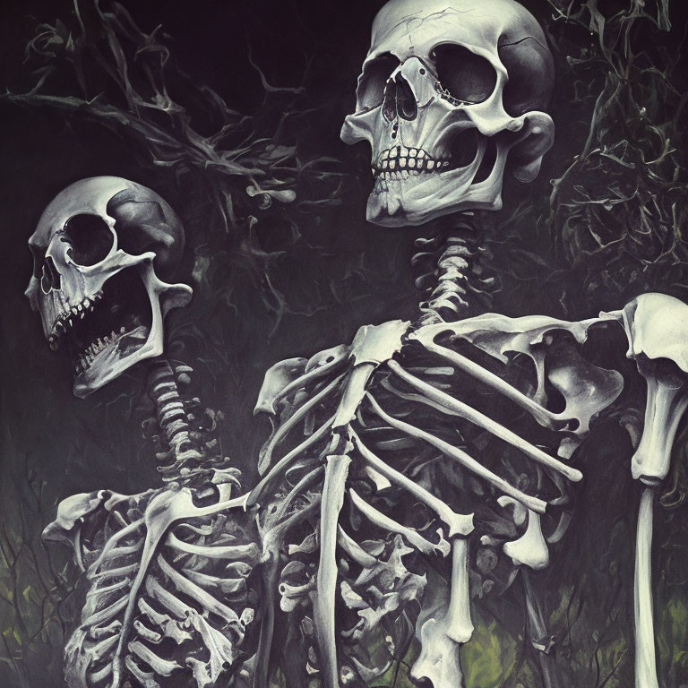 Human skeletons in different positions on dark, vine-covered background