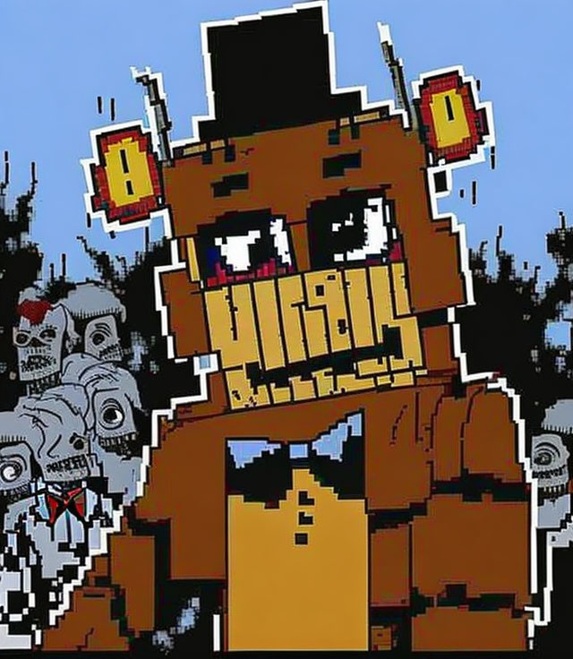 Pixelated brown animatronic bear villain with top hat and red bow tie on blurred background