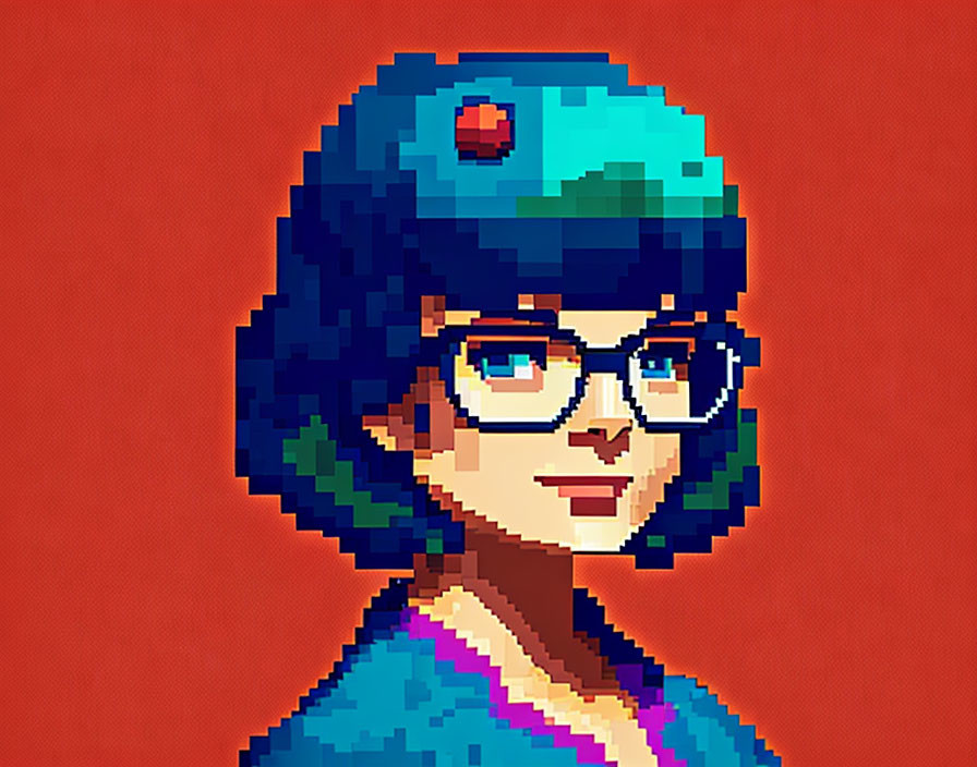Teal-haired person in pixel art with glasses and headband
