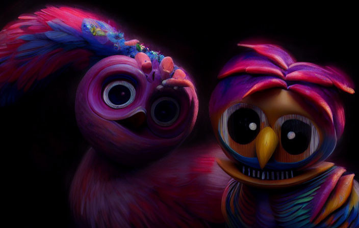 Stylized vibrant animated birds with large eyes on dark background
