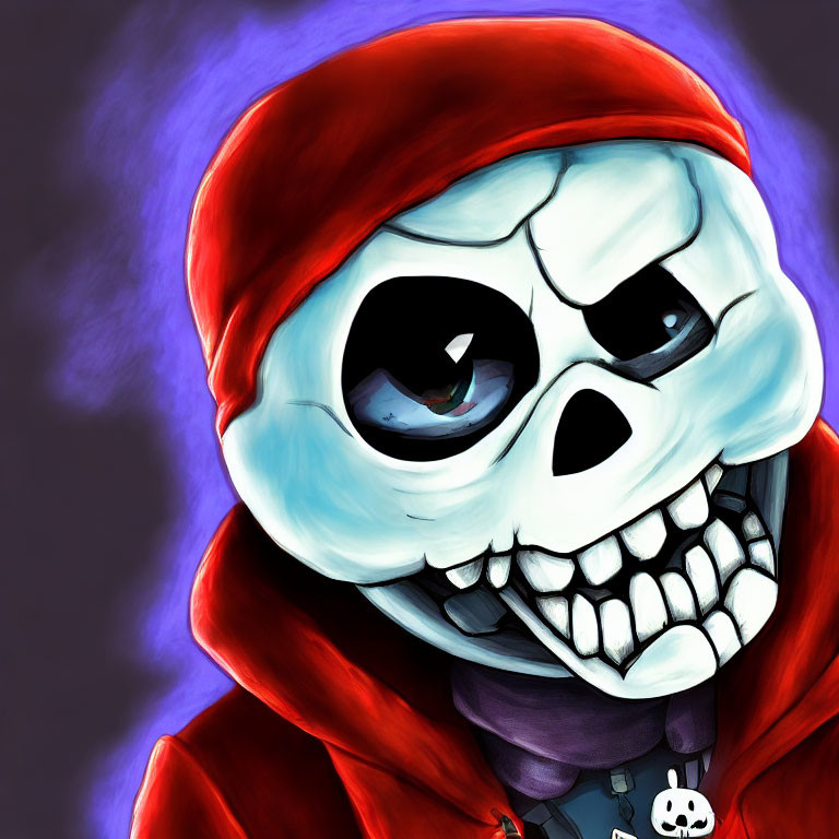 Grinning skeleton in red hoodie and skull shirt on dark purple background