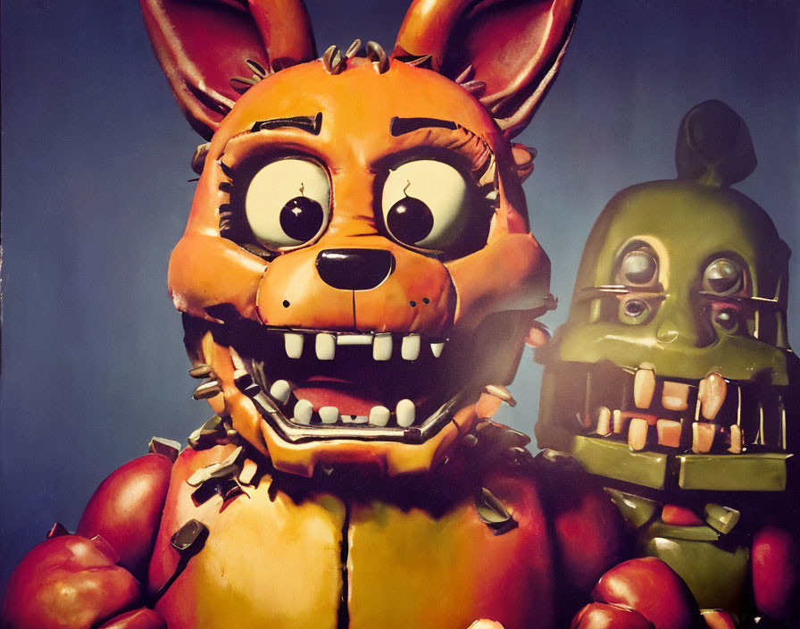 Vibrant art of two animatronic characters with exaggerated facial features