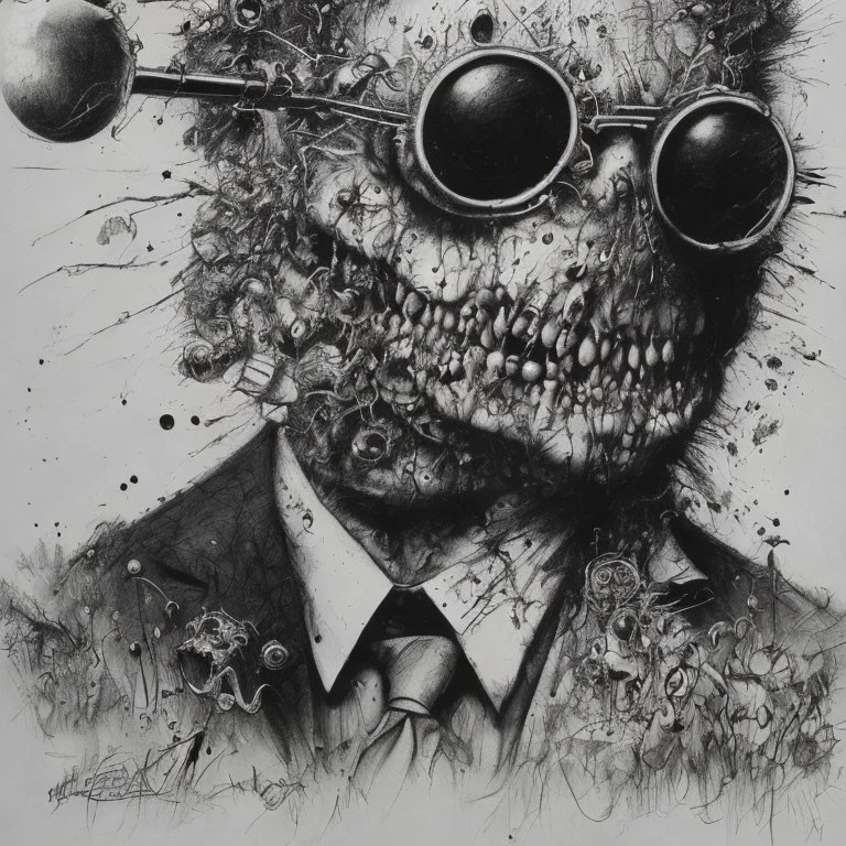 Monochromatic surreal illustration of character in goggles with distorted face and suit