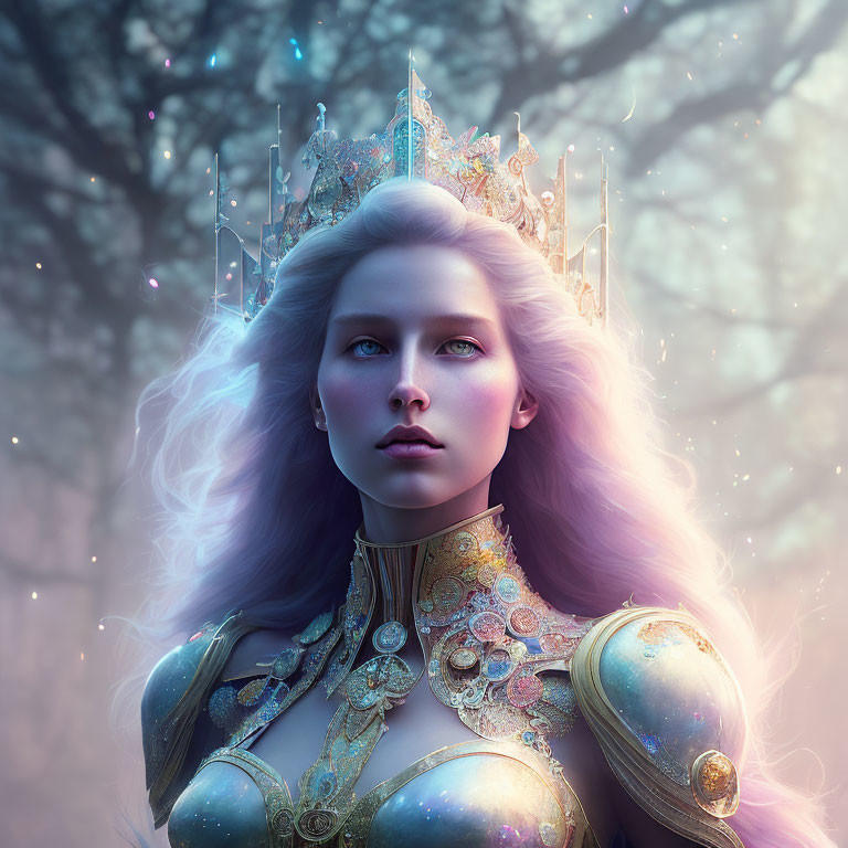 Regal female figure with lavender hair in golden crown and armor in mystical forest.