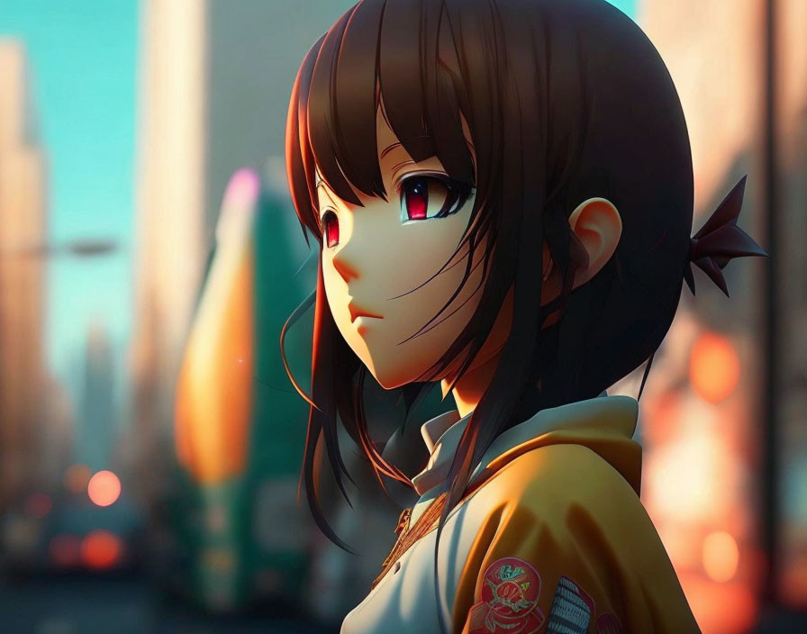 Detailed Close-Up of Female Anime Character with Brown Hair and Yellow Jacket in Cityscape Sunset