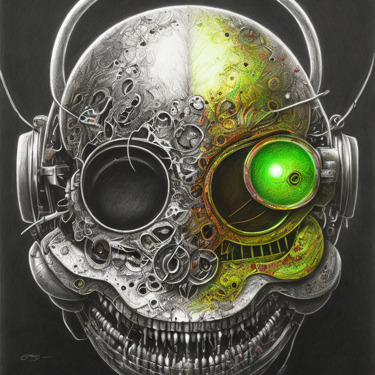 Detailed Drawing of Mechanical Skull with Green Glowing Eye and Headphones on Dark Background