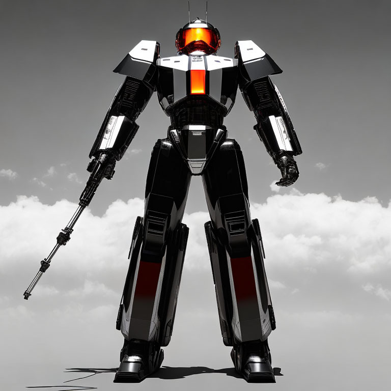 Sleek Black and White Robot with Red Visor Lights and Arm Guns