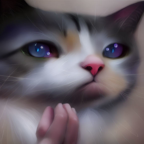 Close-up of multicolored-eyed cat with blurred effect and pink nose making gentle paw gesture