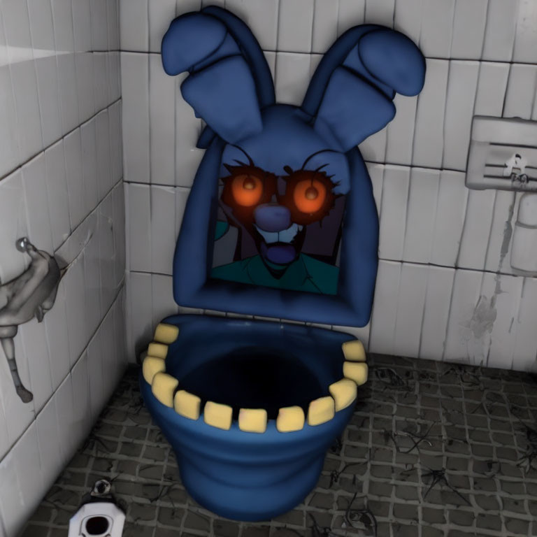 Blue rabbit with orange eyes popping out of toilet in tiled bathroom