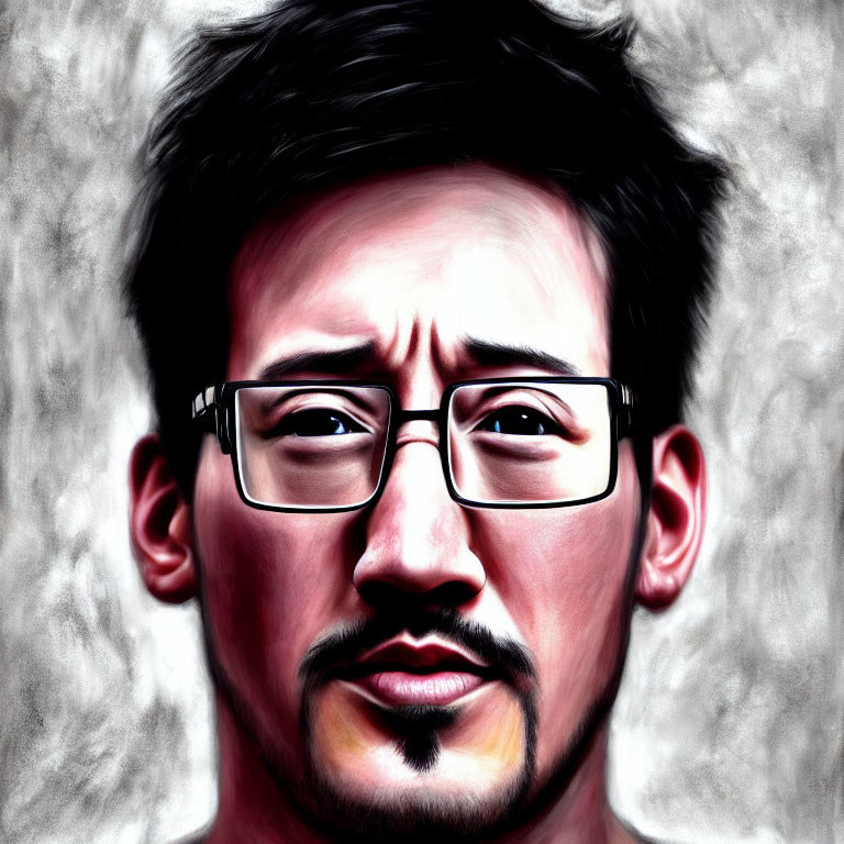 Stylized portrait of man with dark hair, beard, and glasses on grey background