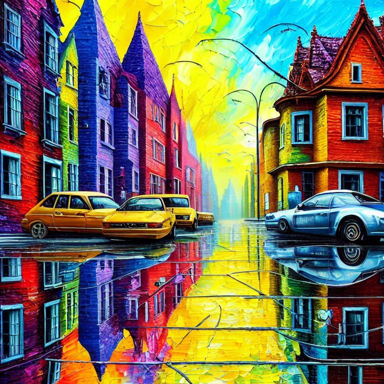 Colorful houses and cars on vibrant street under bright sky