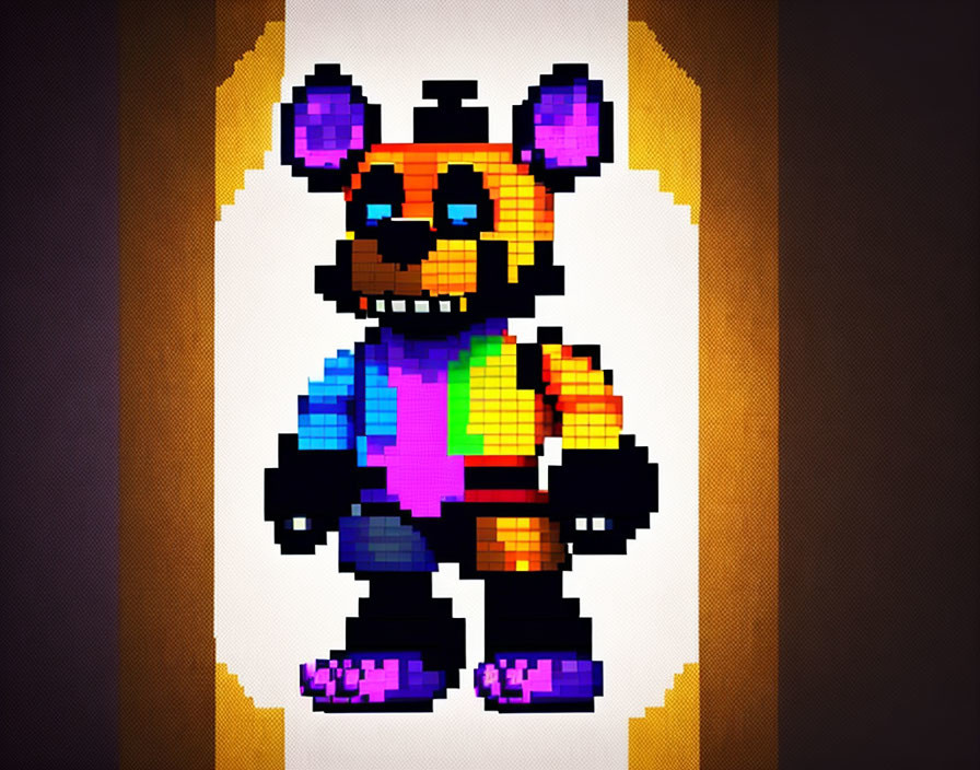 Pixelated anthropomorphic bear with purple ears and eyes in colorful outfit.