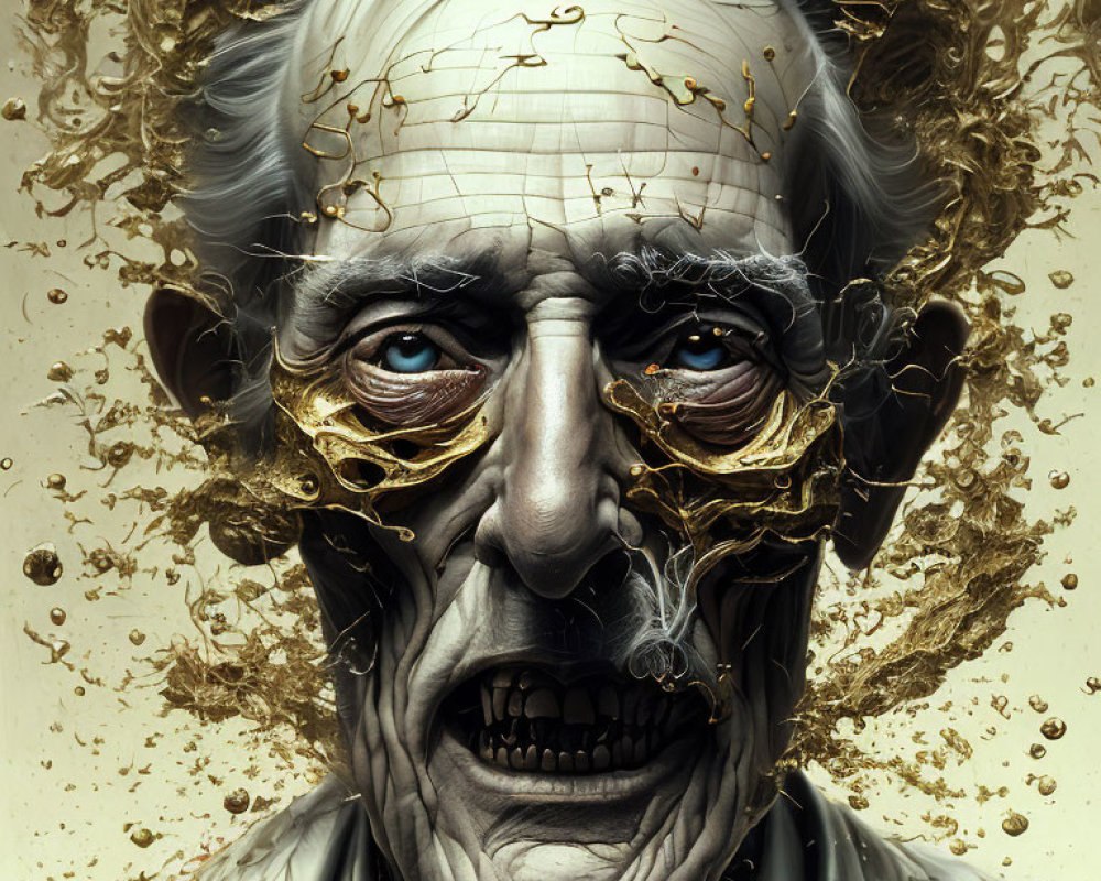 Digital portrait of elderly person with withered face and golden liquid eyes.