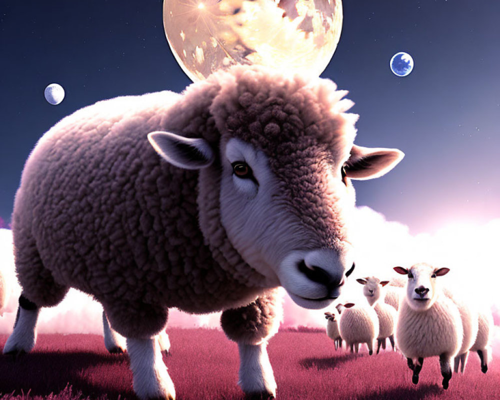 Night sky with herd of sheep under full moon and two smaller moons