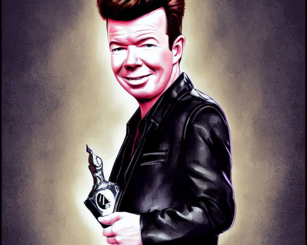 Stylized caricature man with prominent hairstyle holding award