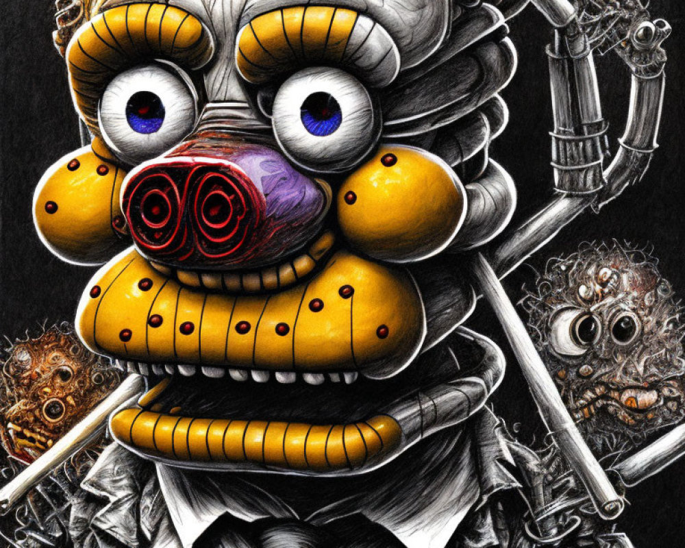 Detailed Drawing of Clown-Like Animatronic with Exaggerated Facial Features