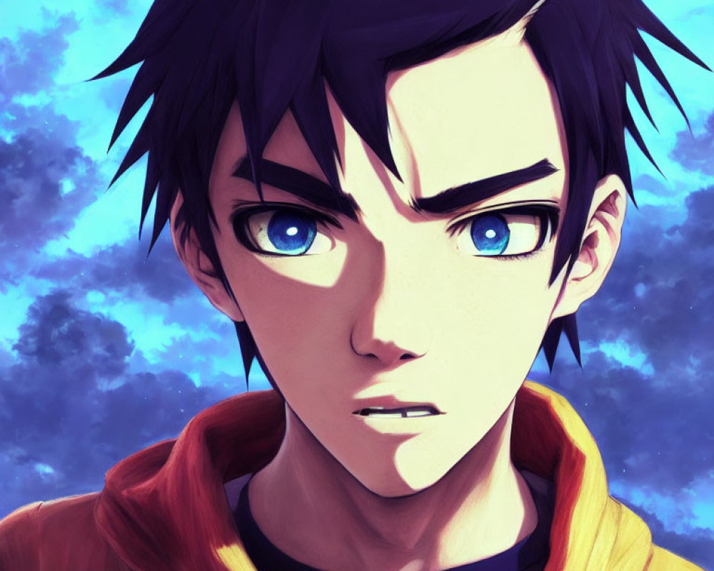 Animated character with spiky black hair and blue eyes in red and yellow jacket against blue sky.